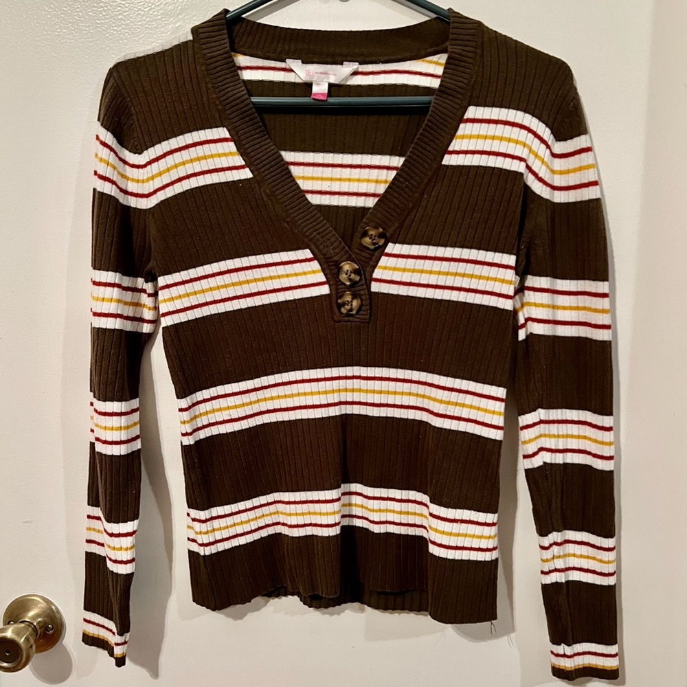 Ribbed V-Neck Striped Long-Sleeve Knit Top | Large | Brown Striped